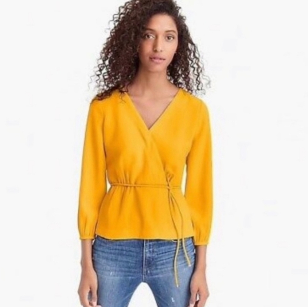 J. CREW Blouse Faux Wrap Tie Belt Fall Mustard Yellow Side Zip Size 4 Tall 4T